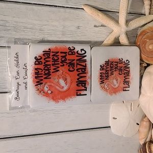 FLAMINGO Beverage Holder and Coaster set  for can water bottle NWT